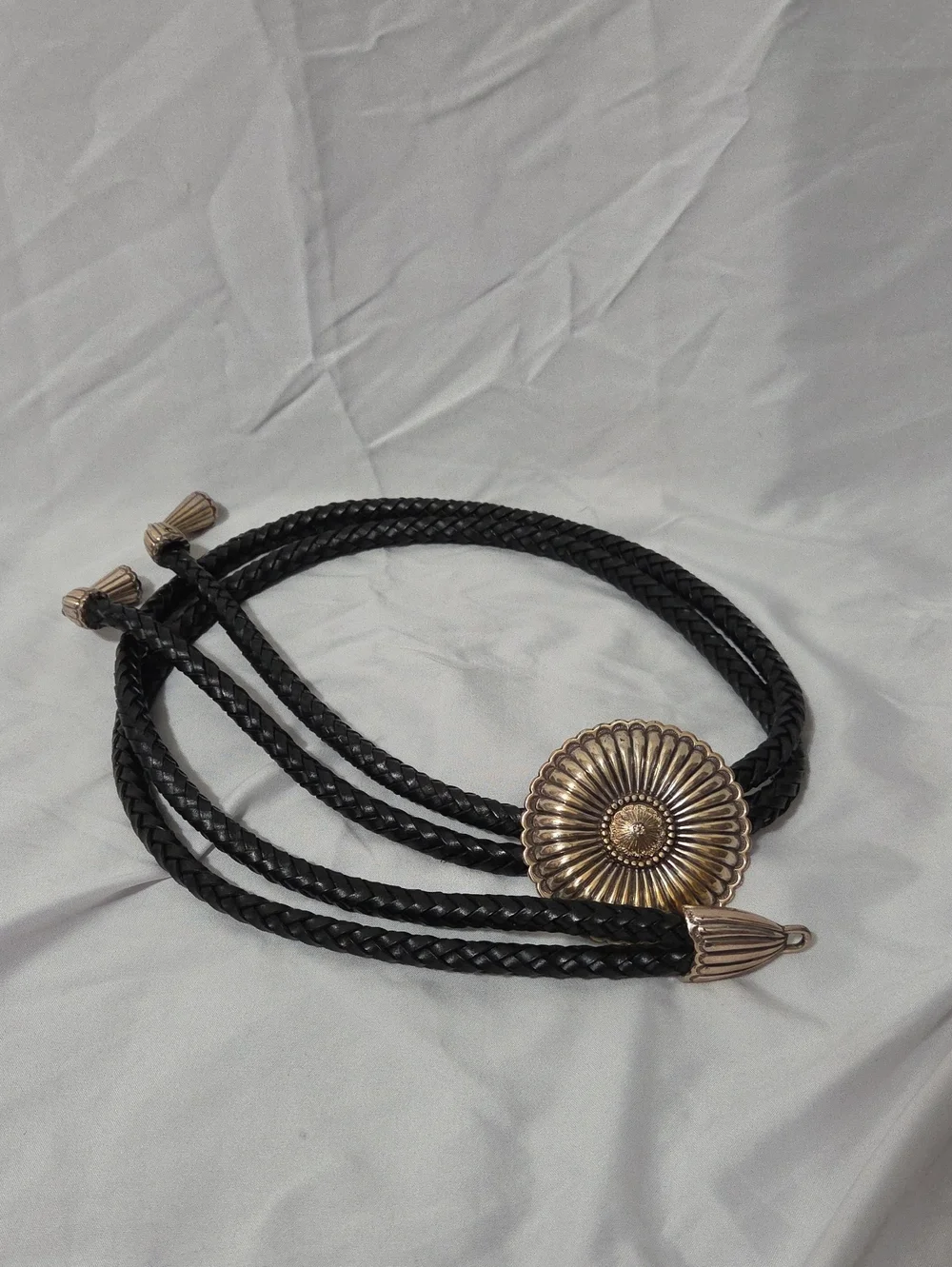 Black Braided Leather Bolo Tie, Silver-Tone Flower Slide